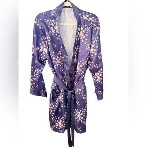 Morgan Lane Robe Pajamas x Faceflirt Floral Satin Trim Robe Navy Blue Pink XL